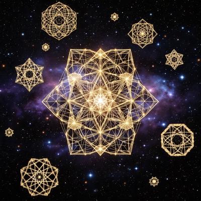 The primary subject of the image is a geometric pattern, which appears to be a three-dimensional structure. The setting is a space background, with stars visible in the distance. The visual style is a combination of digital art and illustration, creating a unique and intricate design. The dominant colors are gold and purple, giving the pattern a warm and elegant appearance.